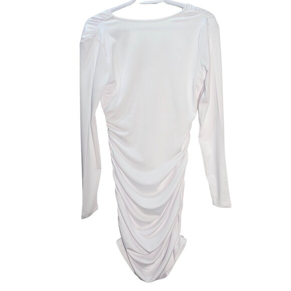 NWOT | White Long Sleeve V-Neck Ruched Drawstring Bodycon Mini Dress | Small - Picture 2 of 7